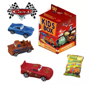 Тачки Cars Kids Box игрушки с жевательным мармеладом в коробочке сладости и игрушки Гвидо, Луиджи, Матер, Филмор